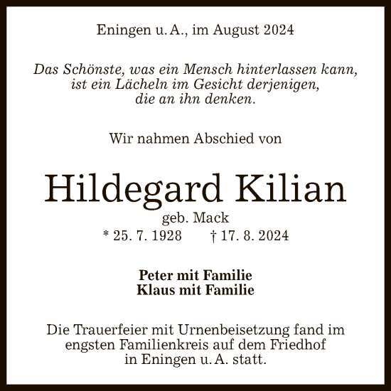 Anzeige von Hildegard Kilian von Reutlinger General-Anzeiger