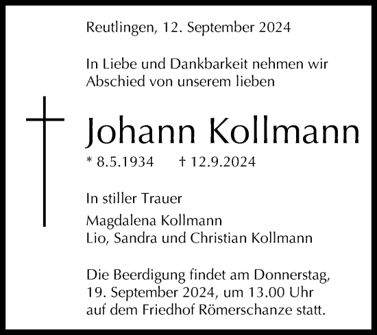 Anzeige von Johann Kollmann von Reutlinger General-Anzeiger