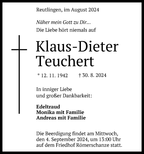 Anzeige von Klaus-Dieter Teuchert von Reutlinger General-Anzeiger