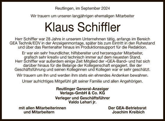 Anzeige von Klaus Schiffler von Reutlinger General-Anzeiger