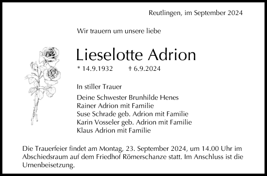 Anzeige von Lieselotte Adrion von Reutlinger General-Anzeiger