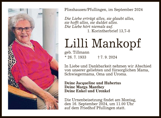 Anzeige von Lilli Mankopf von Reutlinger General-Anzeiger