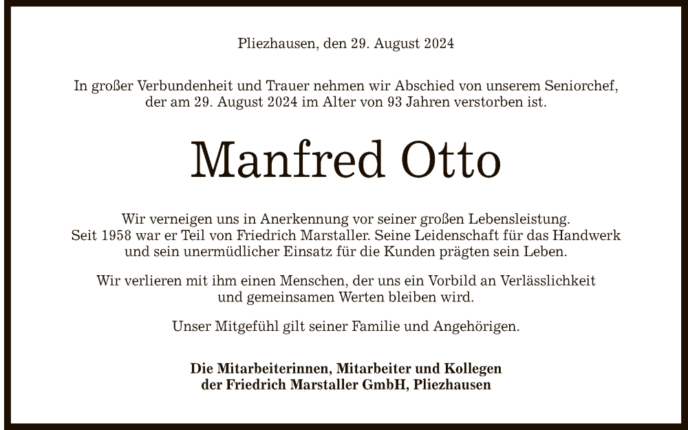  Traueranzeige für Manfred Otto vom 04.09.2024 aus Reutlinger General-Anzeiger