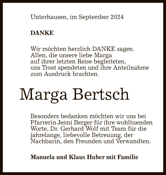 Anzeige von Marga Bertsch von Reutlinger General-Anzeiger