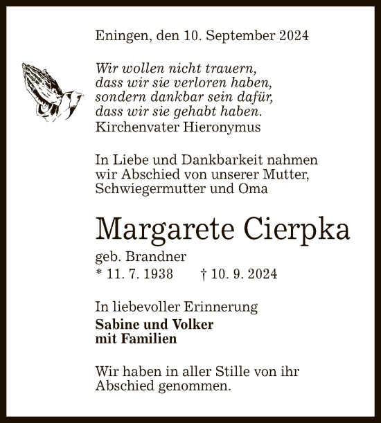 Anzeige von Margarete Cierpka von Reutlinger General-Anzeiger