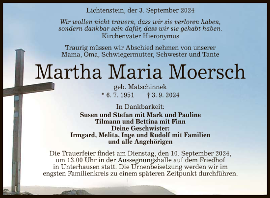 Anzeige von Martha Maria Moersch von Reutlinger General-Anzeiger