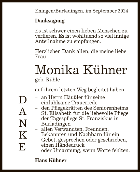 Anzeige von Monika Kühner von Reutlinger General-Anzeiger