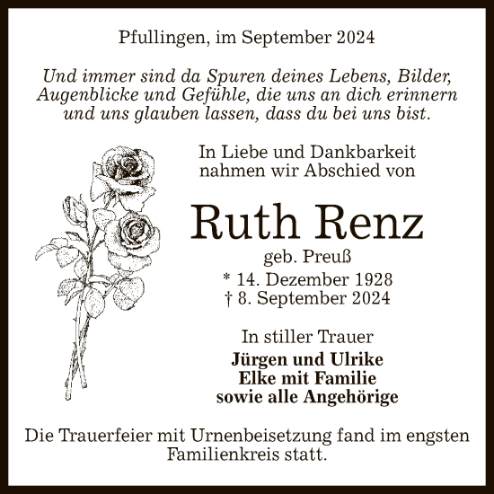 Anzeige von Ruth Renz von Reutlinger General-Anzeiger