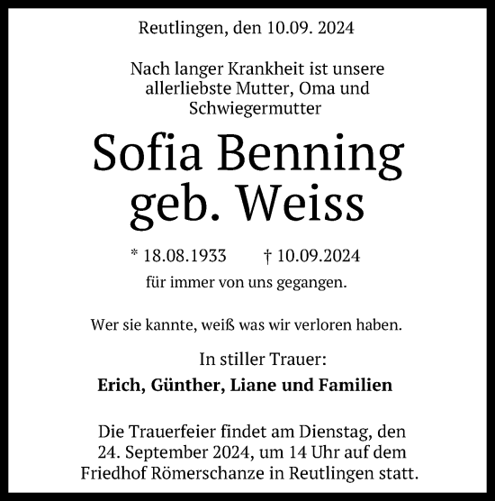 Anzeige von Sofia Benning von Reutlinger General-Anzeiger