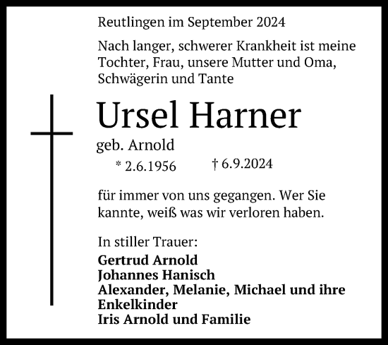 Anzeige von Ursel Harner von Reutlinger General-Anzeiger