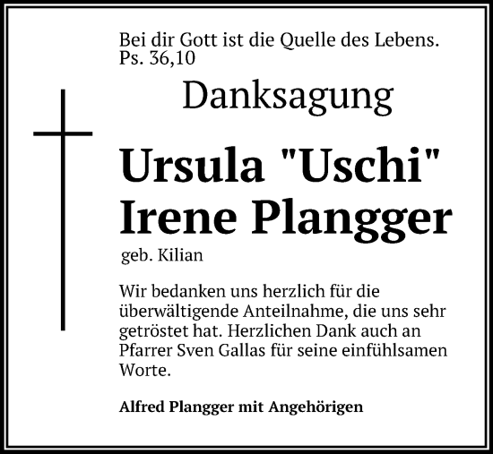 Anzeige von Ursula Plangger von Reutlinger General-Anzeiger