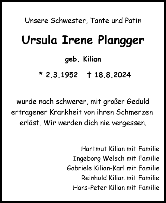 Anzeige von Ursula Irene Plangger von Reutlinger General-Anzeiger