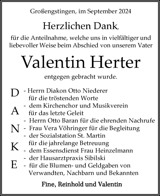 Anzeige von Valentin Herter von Reutlinger General-Anzeiger