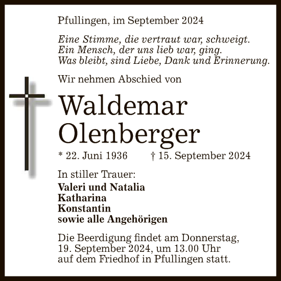 Anzeige von Waldemar Olenberger von Reutlinger General-Anzeiger