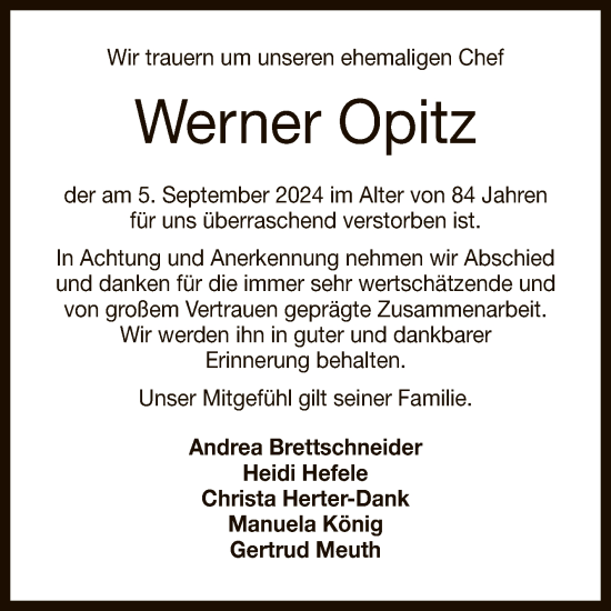 Anzeige von Werner Opitz von Reutlinger General-Anzeiger