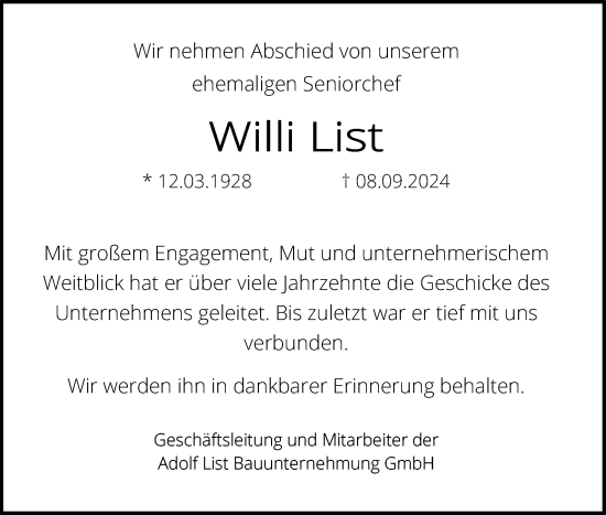 Anzeige von Willi List von Reutlinger General-Anzeiger