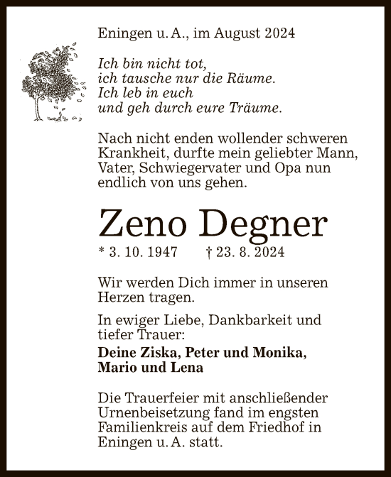 Anzeige von Zeno Degner von Reutlinger General-Anzeiger