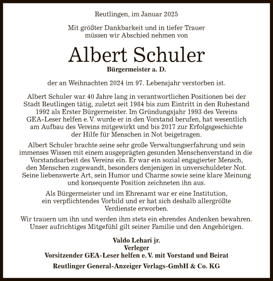 Anzeige von Albert Schuler von Reutlinger General-Anzeiger