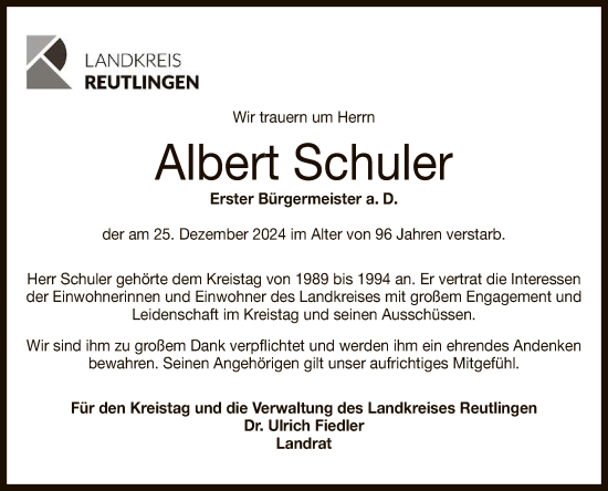 Anzeige von Albert Schuler von Reutlinger General-Anzeiger