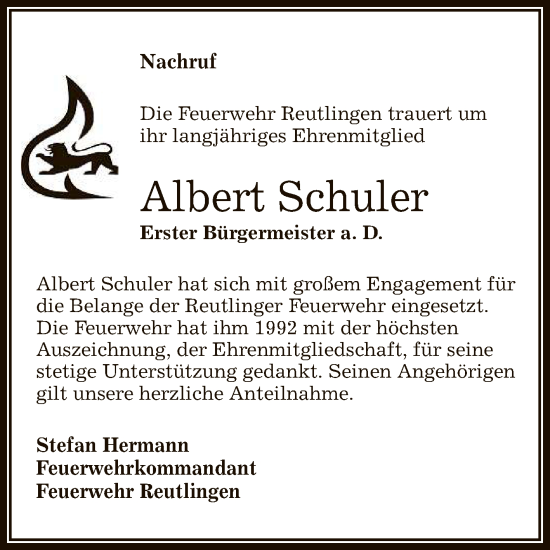 Anzeige von Albert Schuler von Reutlinger General-Anzeiger