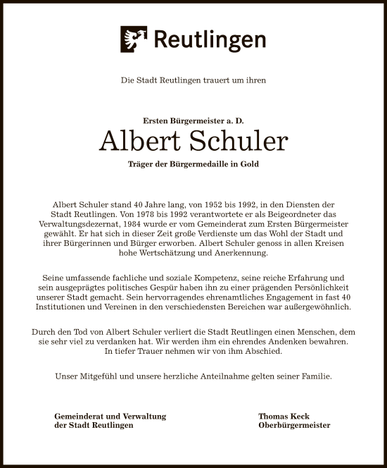 Anzeige von Albert Schuler von Reutlinger General-Anzeiger