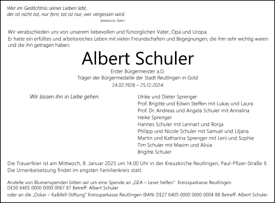 Anzeige von Albert Schuler von Reutlinger General-Anzeiger