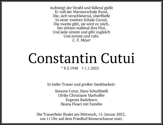 Anzeige von Constantin Cutui von Reutlinger General-Anzeiger