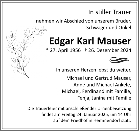 Anzeige von Edgar Karl Mauser von Reutlinger General-Anzeiger