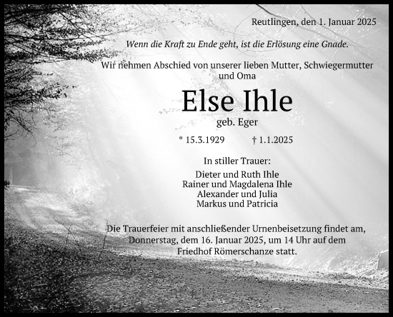Anzeige von Else Ihle von Reutlinger General-Anzeiger