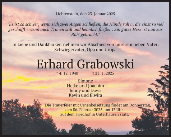 Anzeige von Erhard Grabowski von Reutlinger General-Anzeiger