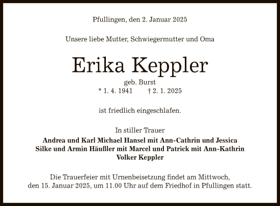 Anzeige von Erika Keppler von Reutlinger General-Anzeiger