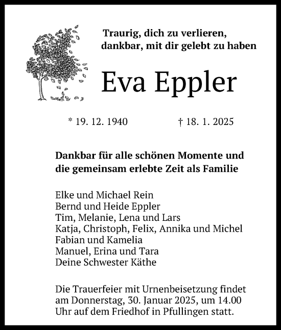 Anzeige von Eva Eppler von Reutlinger General-Anzeiger