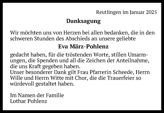 Anzeige von Eva März-Pohlenz von Reutlinger General-Anzeiger