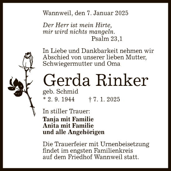 Anzeige von Gerda Rinker von Reutlinger General-Anzeiger