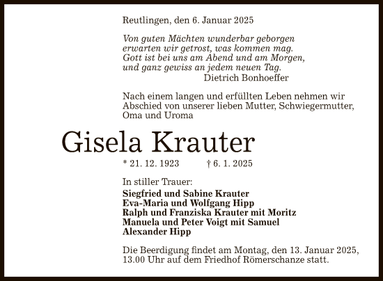 Anzeige von Gisela Krauter von Reutlinger General-Anzeiger