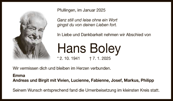 Anzeige von Hans Boley von Reutlinger General-Anzeiger