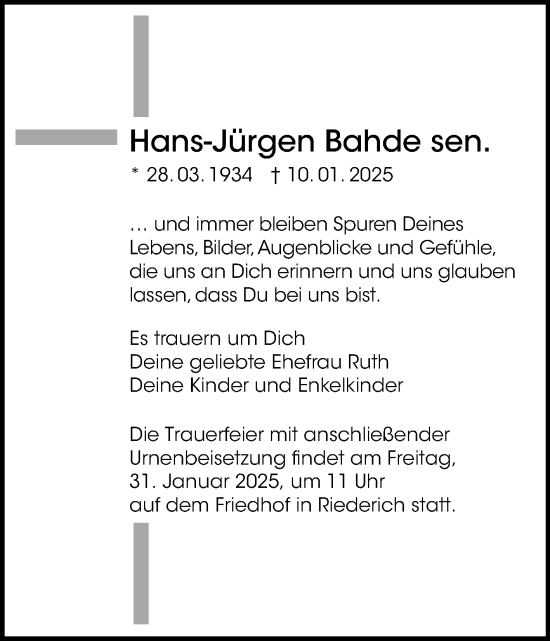 Anzeige von Hans-Jürgen Bahde von Reutlinger General-Anzeiger
