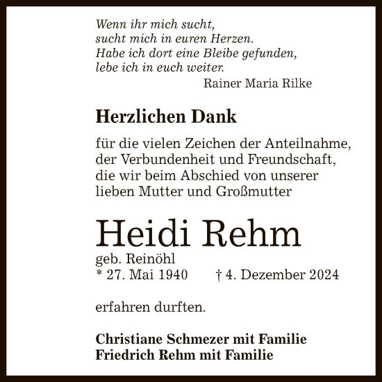 Anzeige von Heidi Rehm von Reutlinger General-Anzeiger