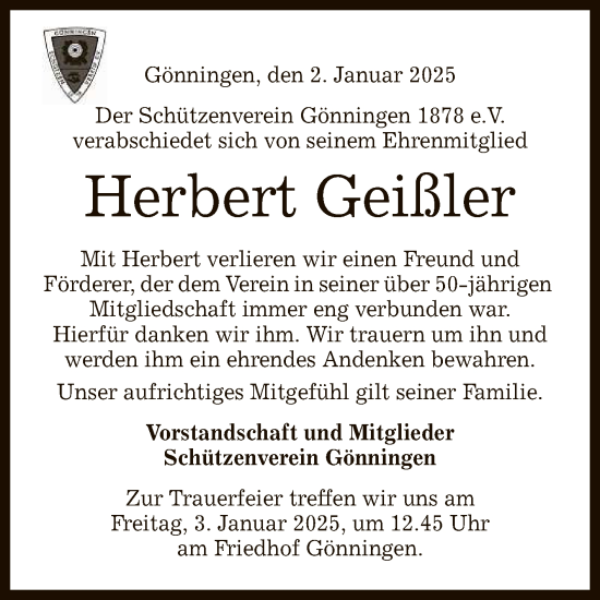 Anzeige von Herbert Geißler von Reutlinger General-Anzeiger