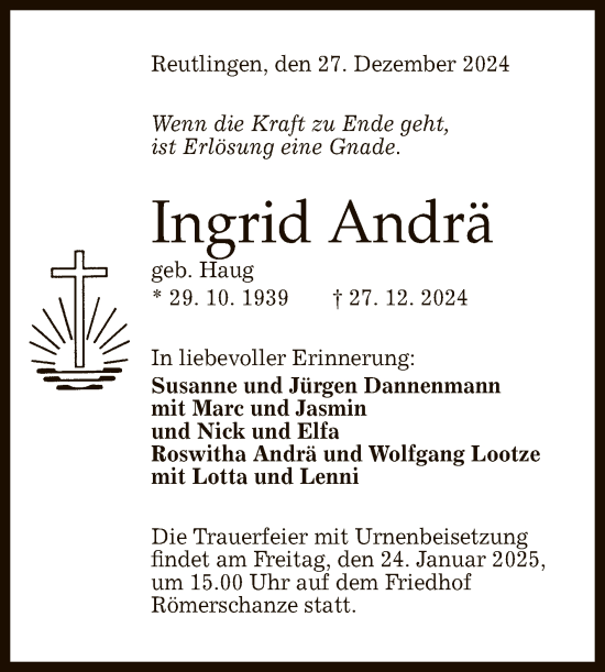 Anzeige von Ingrid Andrä von Reutlinger General-Anzeiger