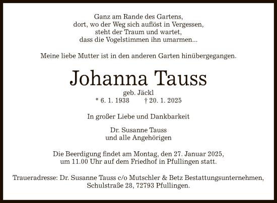 Anzeige von Johanna Tauss von Reutlinger General-Anzeiger