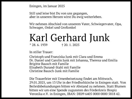 Anzeige von Karl Gerhard Junk von Reutlinger General-Anzeiger