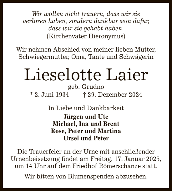 Anzeige von Lieselotte Laier von Reutlinger General-Anzeiger