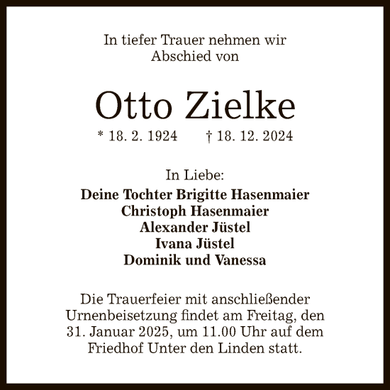 Anzeige von Otto Zielke von Reutlinger General-Anzeiger