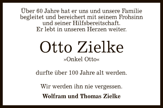 Anzeige von Otto Zielke von Reutlinger General-Anzeiger