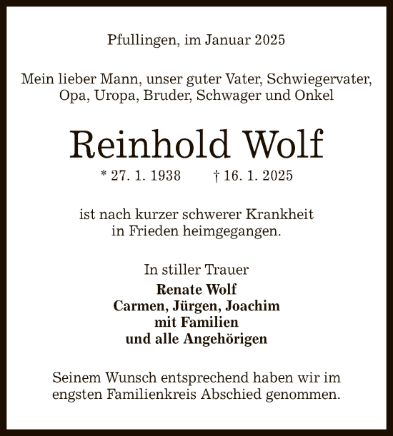 Anzeige von Reinhold Wolf von Reutlinger General-Anzeiger