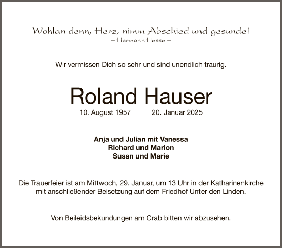 Anzeige von Roland Hauser von Reutlinger General-Anzeiger