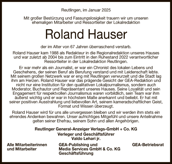 Anzeige von Roland Hauser von Reutlinger General-Anzeiger