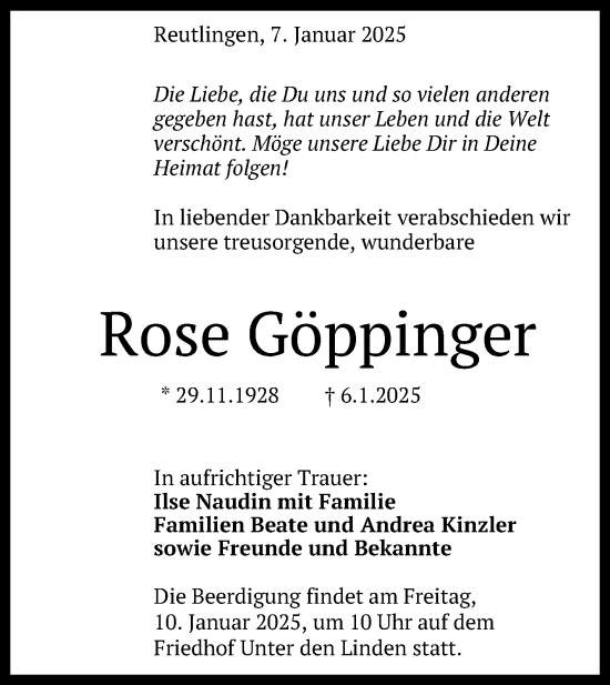 Anzeige von Rose Göppinger von Reutlinger General-Anzeiger