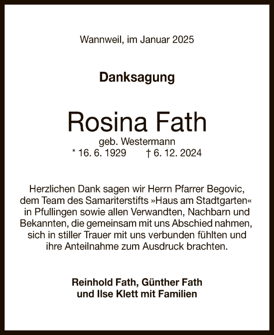 Anzeige von Rosina Fath von Reutlinger General-Anzeiger